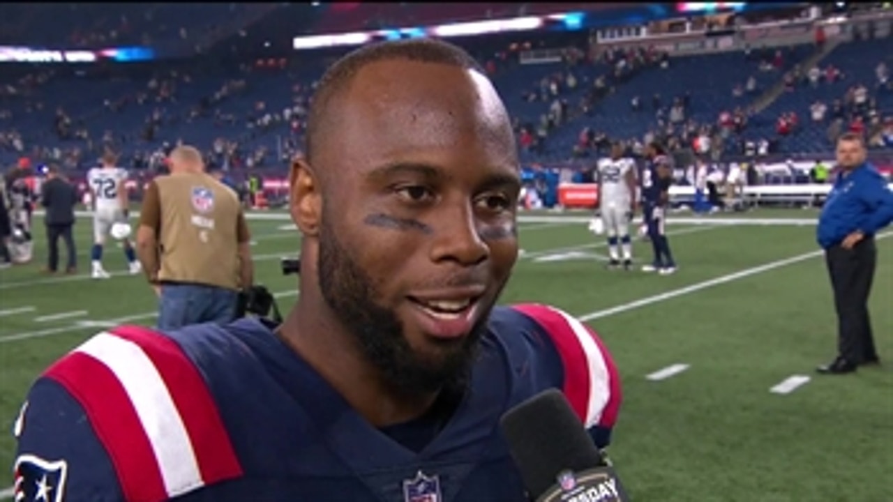 James White chats with Erin Andrews after the Patriots' big win on Thursday Night Football