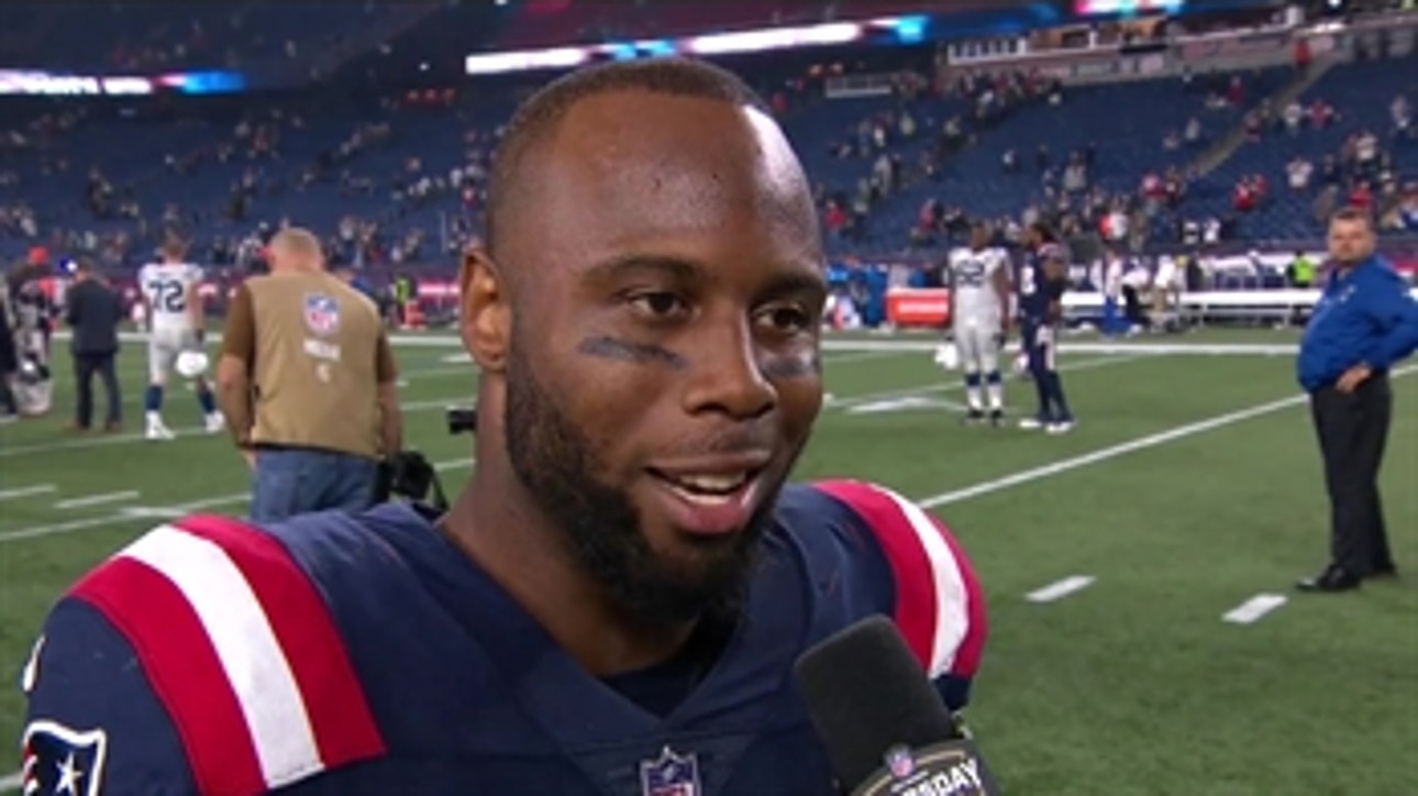 James White chats with Erin Andrews after the Patriots' big win on Thursday Night Football