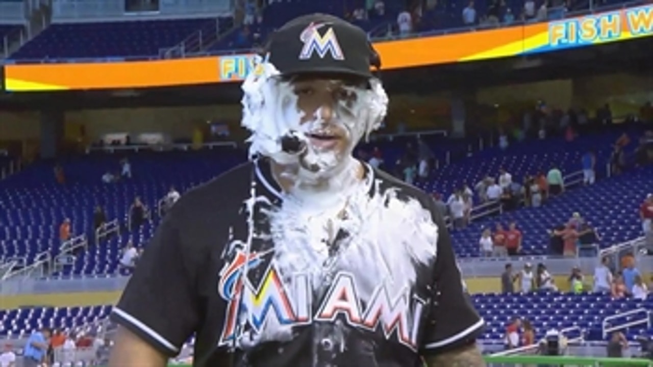 A.J. Ramos ends up with mouth full of shaving cream after 27th save