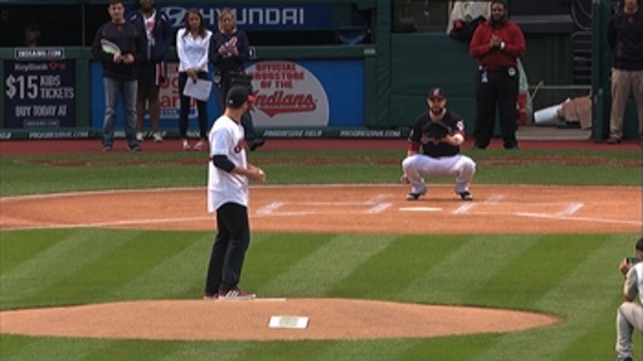 Brandon Saad throws out the first pitch