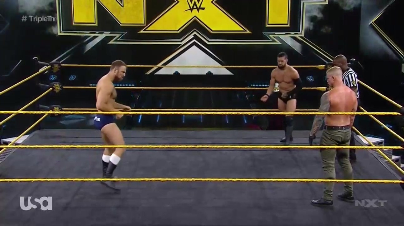 Finn Balor, Dexter Lumis, and Timothy Thatcher compete in a triple-threat match