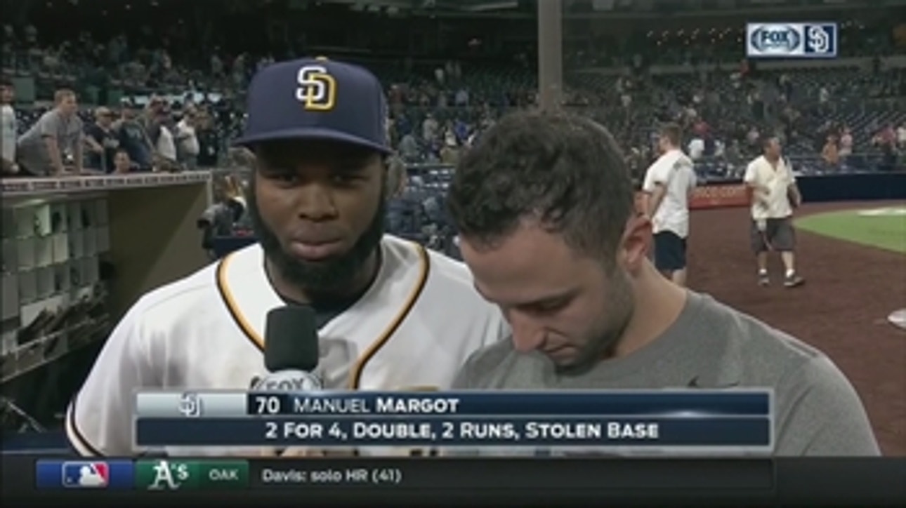 Manuel Margot talks with Julie Alexandria after his 2-for-4 night against the Dodgers