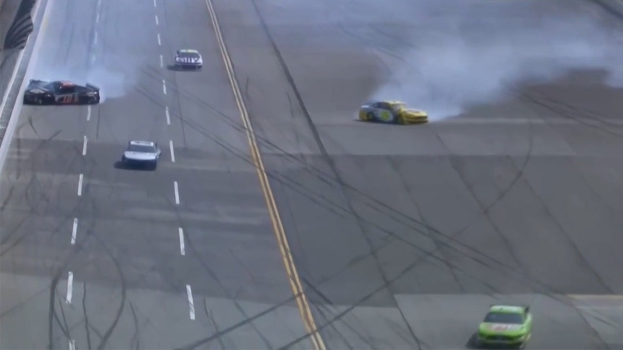 Aric Almirola gets some air after getting clipped by Alex Bowman, taking out Kyle Busch
