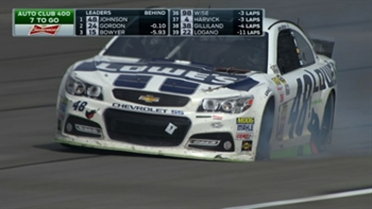 CUP: Jimmie Johnson Blows Tire from Lead - Fontana 2014