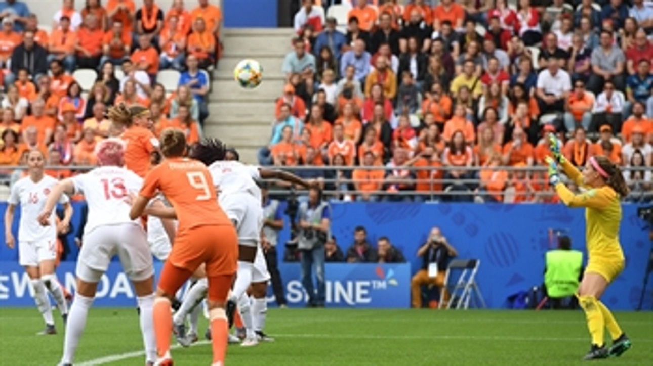 The Netherlands' Anouk Dekker scores the header vs. Canada ' 2019 FIFA Women's World Cup™
