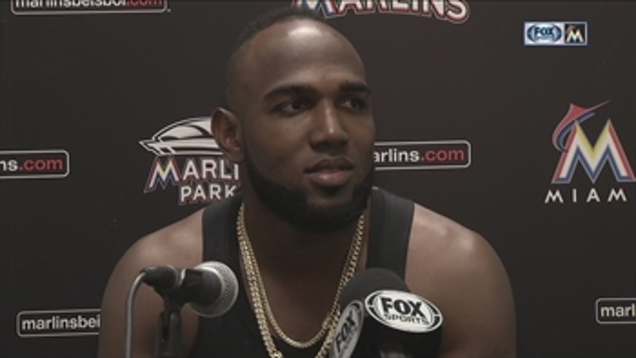 Marcell Ozuna reacts to his 3-for-3 performance in the win over the A's