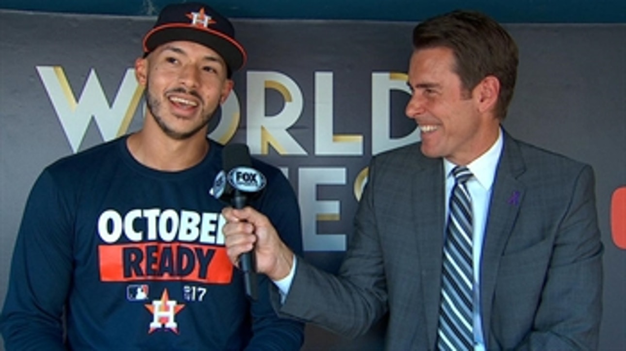 Carlos Correa talks with Tom Verducci before game 1 of the world series