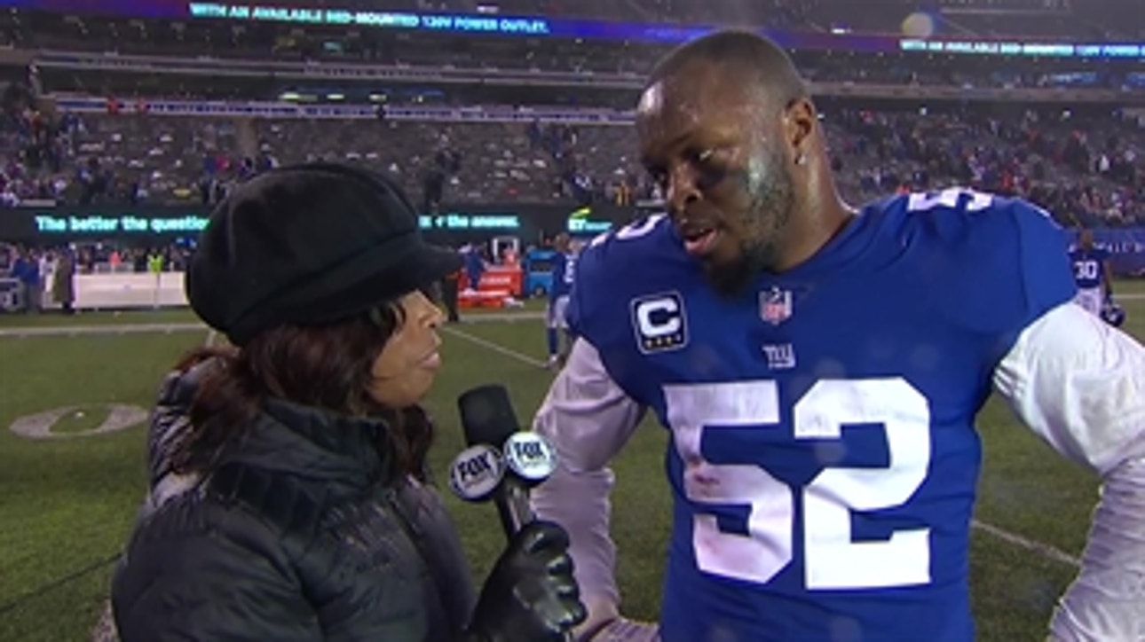 Pam Oliver talks to Alec Ogletree after the New York Giants' OT win over the Bears