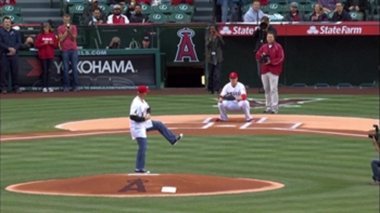 Guy Hebert shows off leg kick during first pitch for Angels