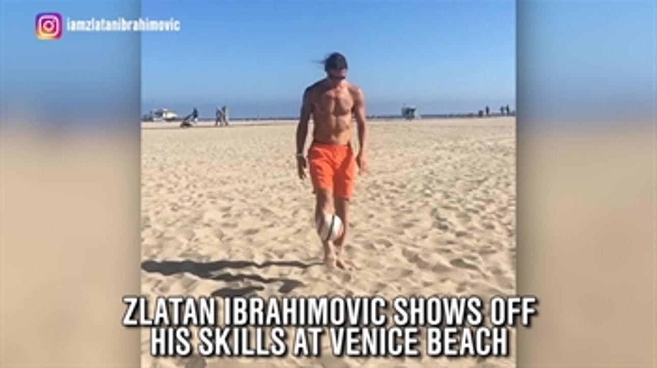 Zlatan Ibrahimovic sets himself up for scissor kick on the beach