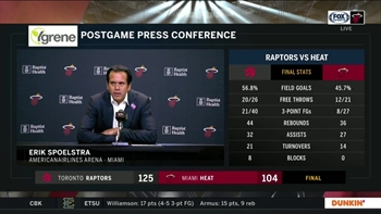 Erik Spoelstra breaks down Heat home loss to hot-shooting Raptors