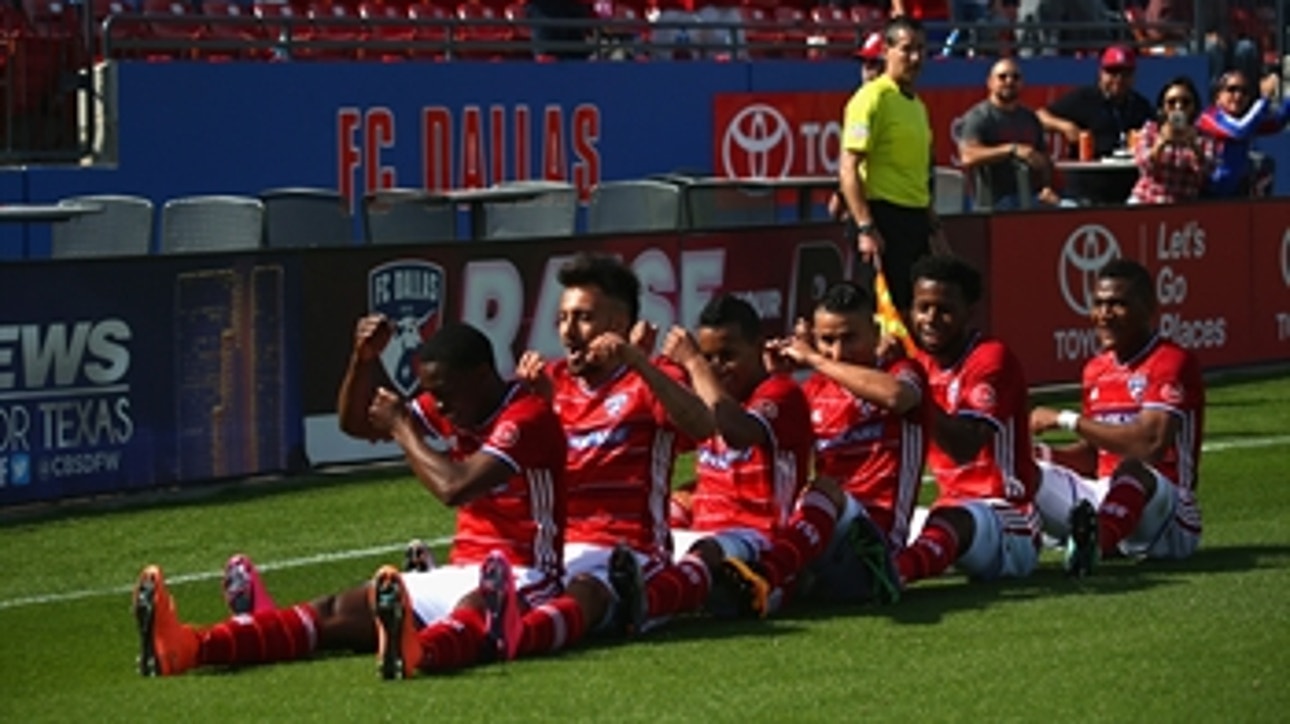 FC Dallas celebrate goal in an imaginary rowboat