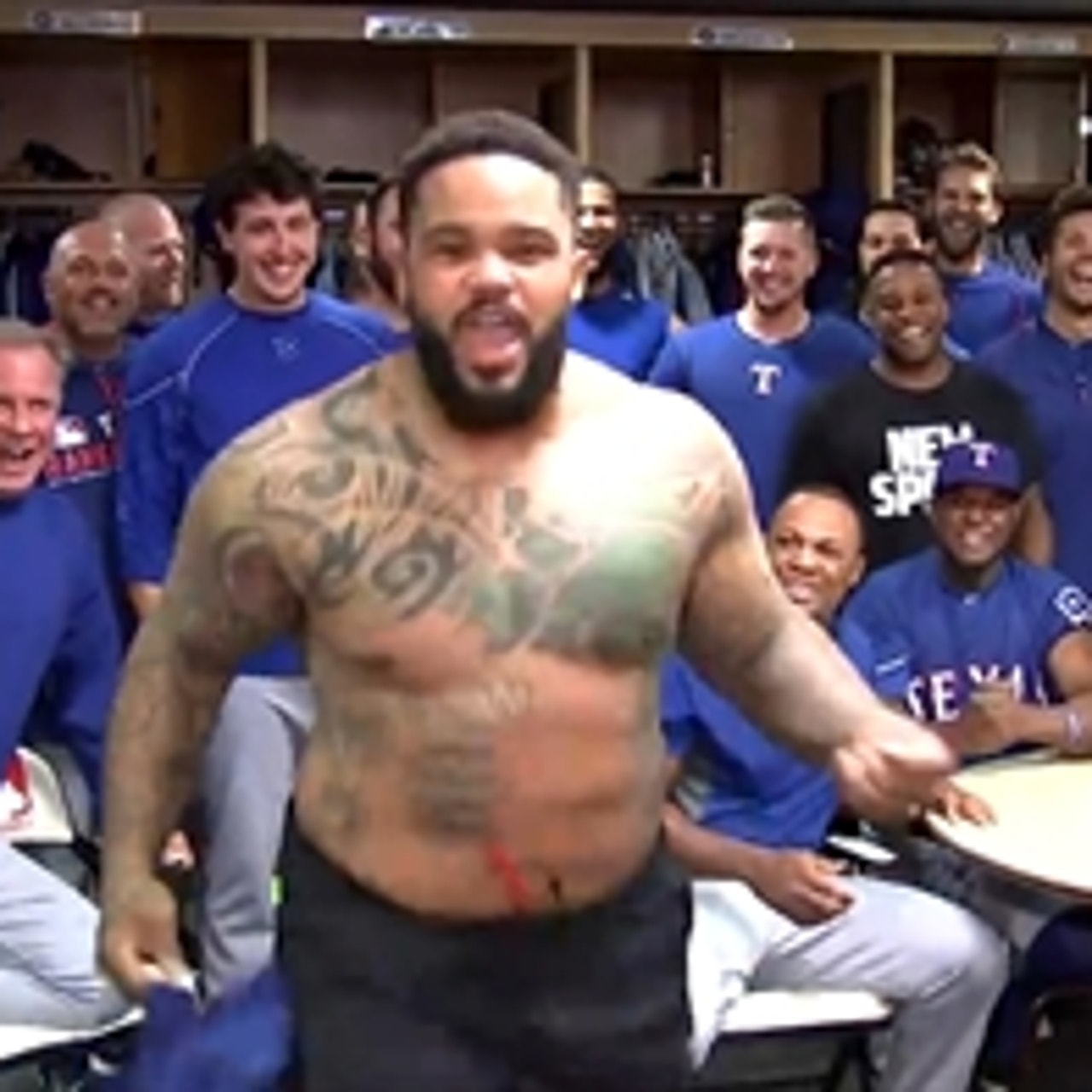 Prince Fielder rips his shirt off and goes nuts to pump up the Mavs