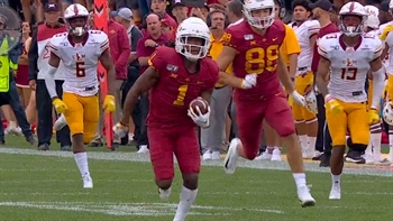 Iowa State's QB Purdy hits Tarique Milton on a 73-yard pass play to give the Cyclones a 21-0 lead over ULM