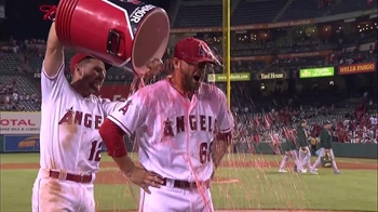 Cam Bedrosian gets victory bath after first-career save with Angels