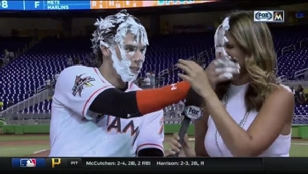 Christian Yelich decides to include Jessica Blaylock in the shaving cream party
