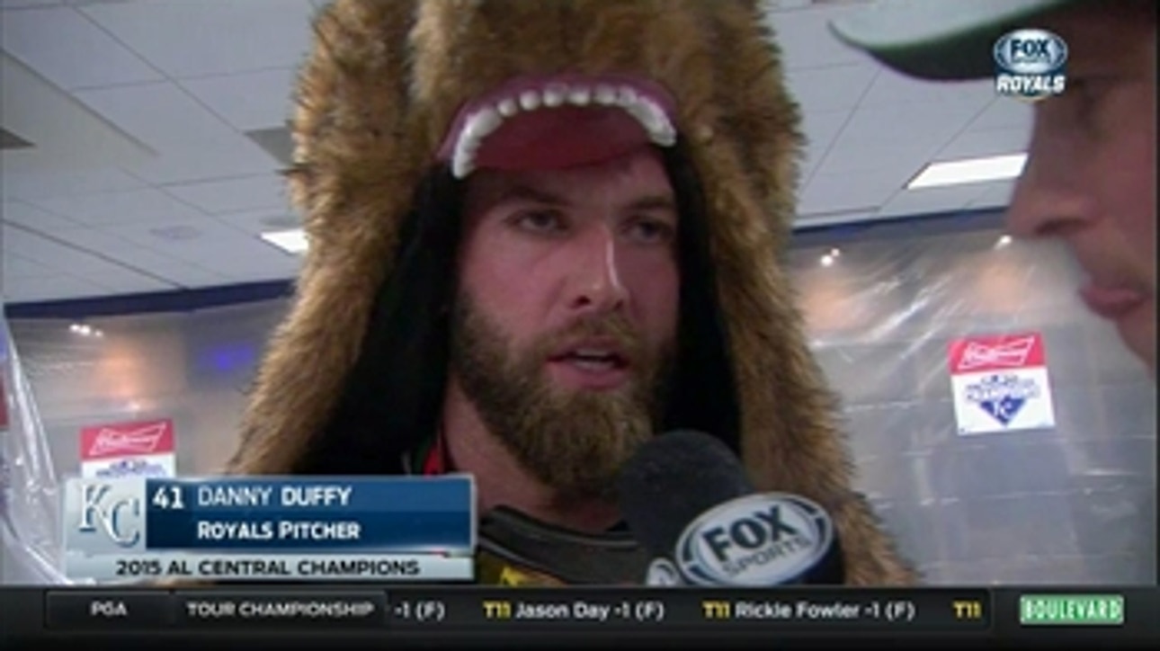 Danny Duffy wears a bear suit while celebrating
