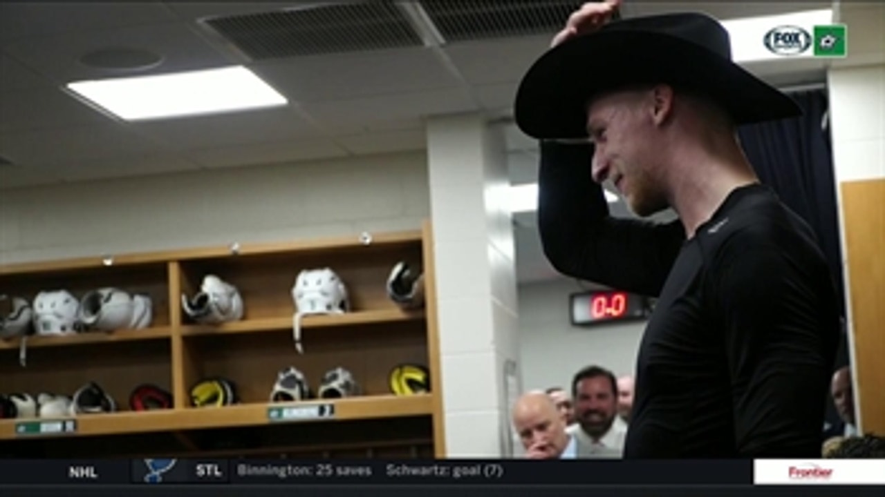 Esa Lindell Gets the Cowboy Hat after Game 5 Win in St. Louis