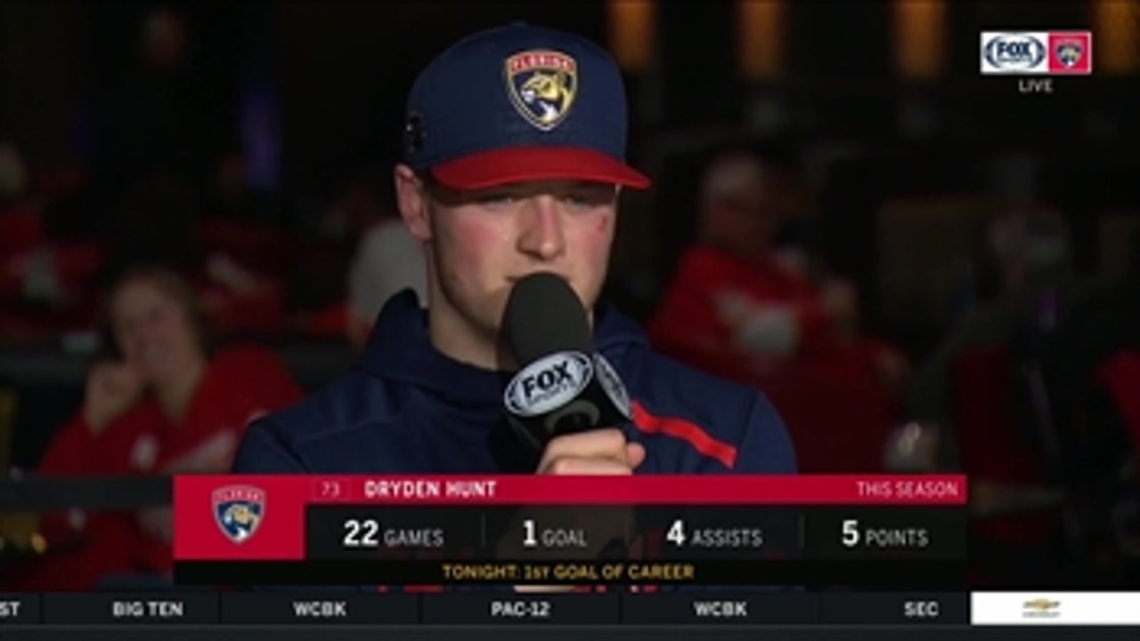 Dryden Hunt discusses elation of scoring his 1st NHL goal, his celly after Panthers top Red Wings