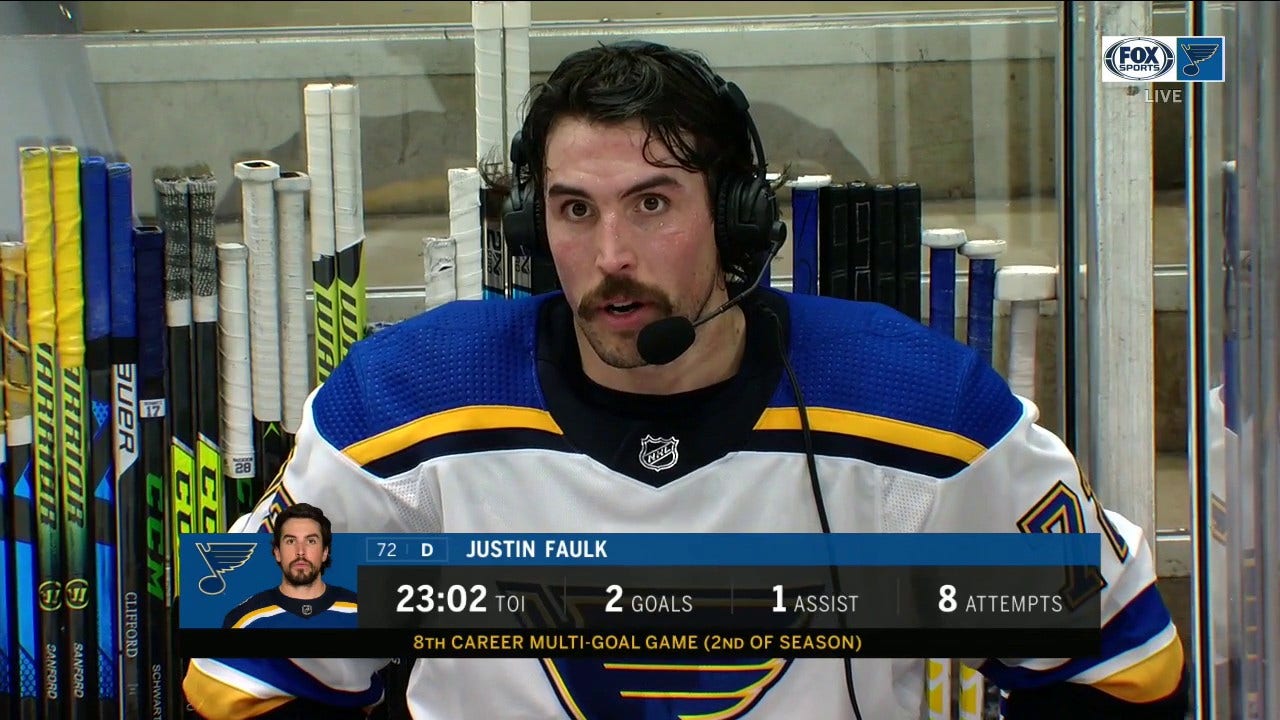 Justin Faulk credits David Perron and Jordan Kyrou for his two goals