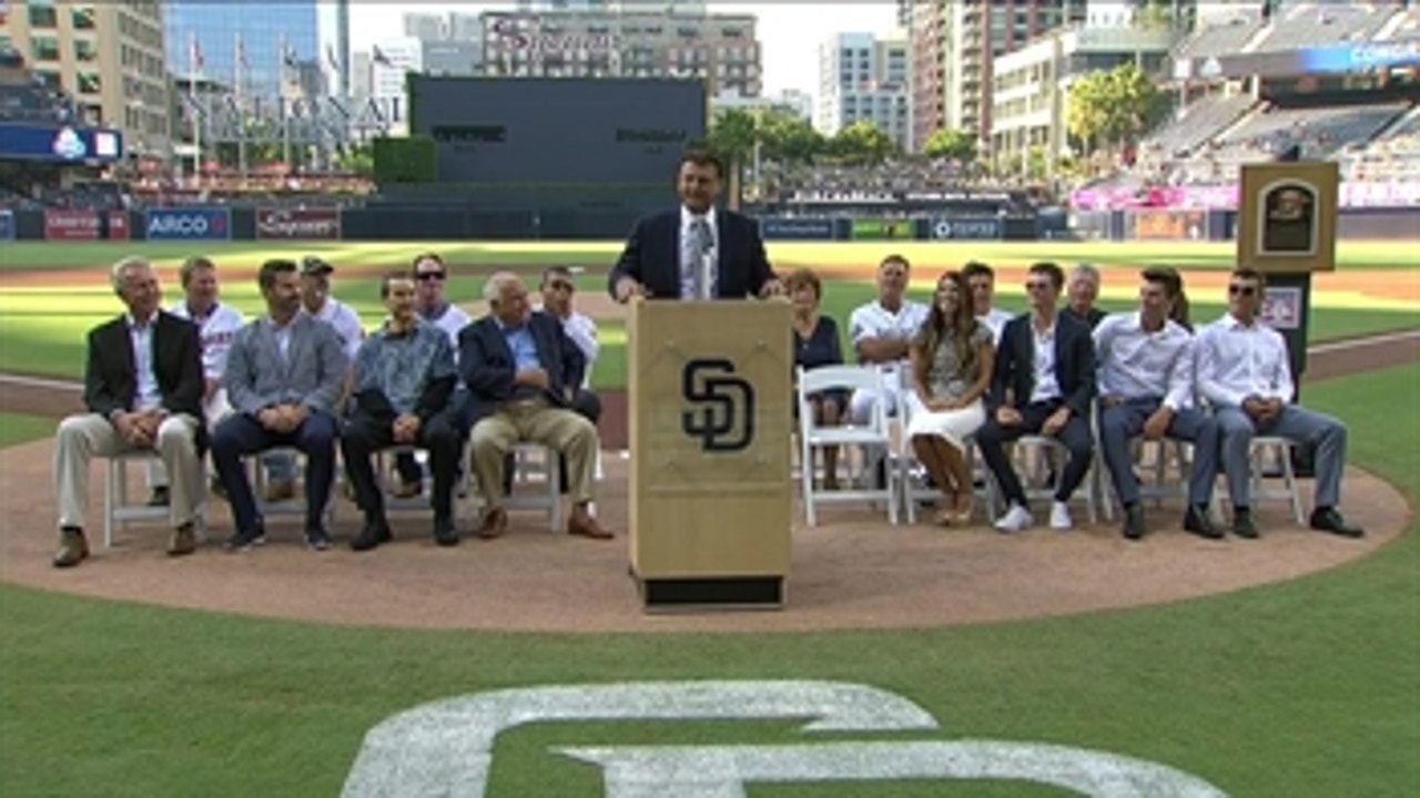Padres Hall of Famer Trevor Hoffman addresses Petco Park crowd prior to statue unveiling