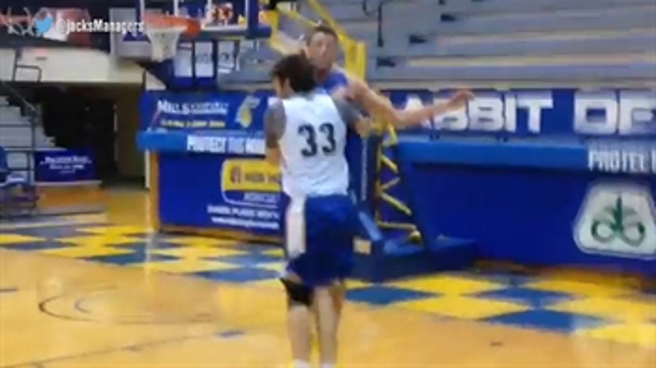College hoops players team up for pretty sweet double trick shot