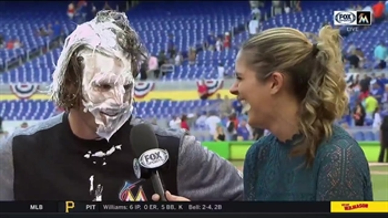 Dillon Peters gets a face full of shaving cream after strong start