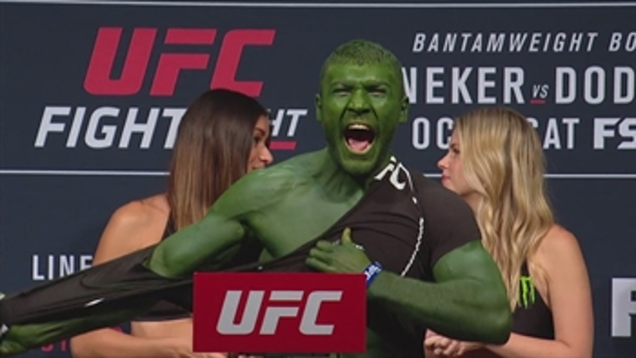 Ion Cutelaba paints himself green for UFC weigh-in, rips shirt like The Hulk