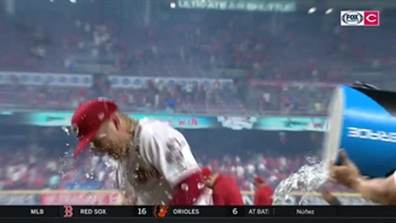 Josh VanMeter gets the postgame shower treatment after his first MLB home run