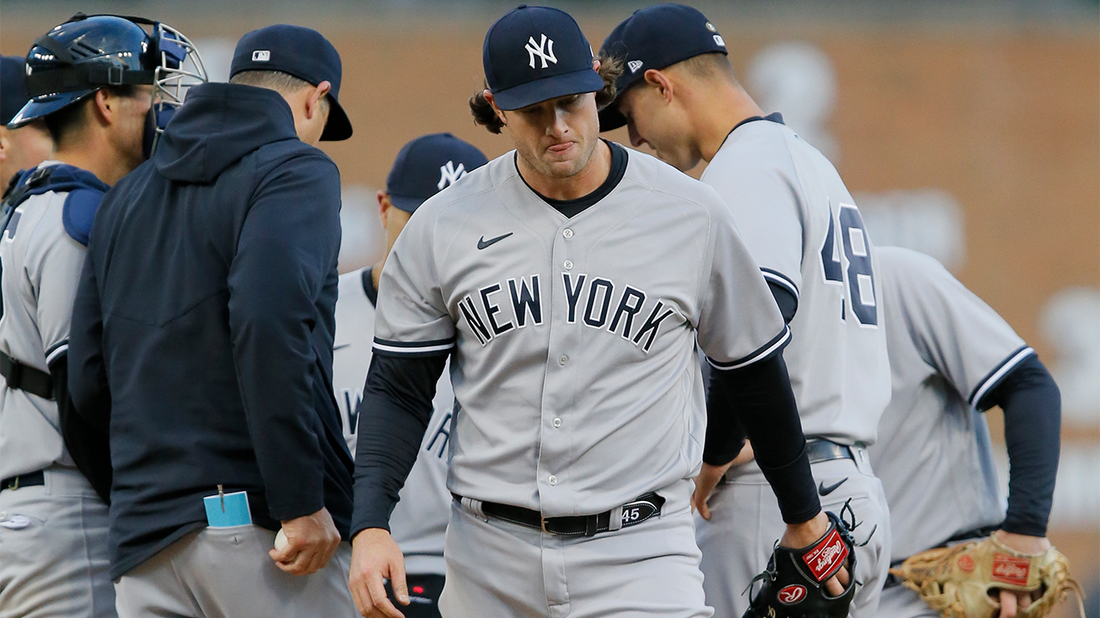 New York Yankees - Gerrit Cole with his glove, looking ahead. New