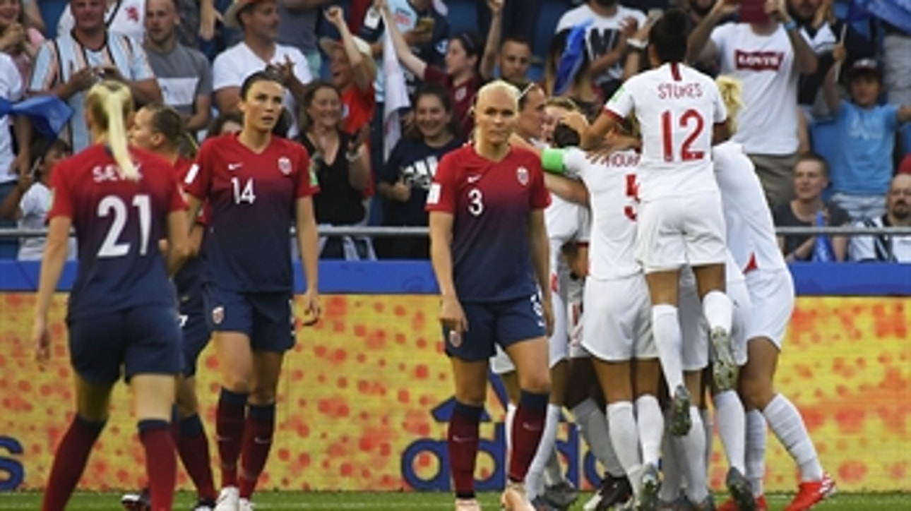 England's Jill Scott scores off the post less than 3 minutes in ' 2019 FIFA Women's World Cup™