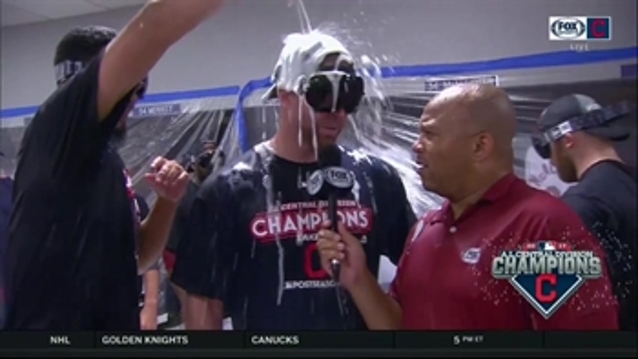Corey Kluber gets doused with champagne, doesn't miss a beat