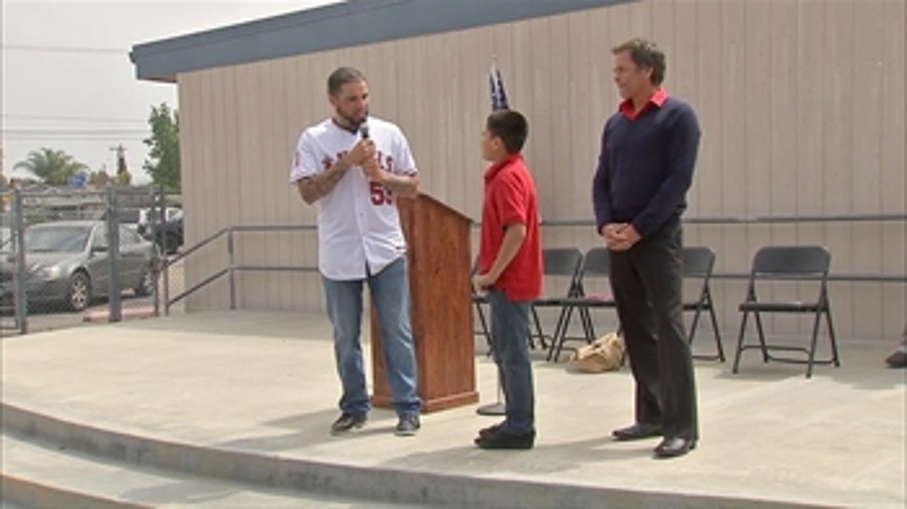 Angels pitcher Hector Santiago speaks with kids as part of 'Adopt-a-School' program
