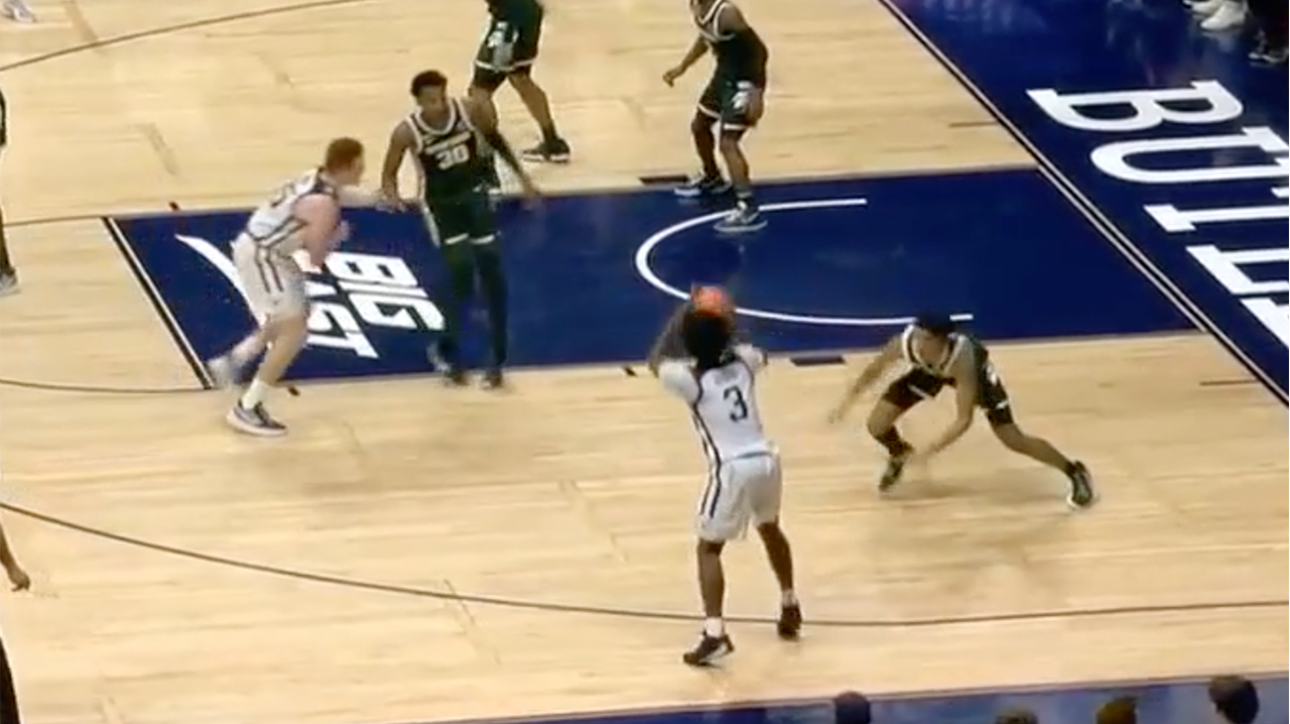 Chuck Harris breaks his defender's ankles and nails a step-back 3-pointer, Butler trails 27-19