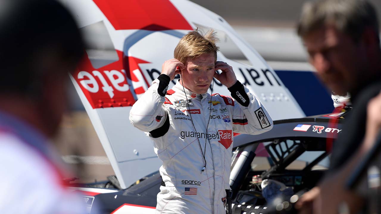 Tyler Reddick appears relieved after solving the leg numbness issues by adjusting the pedal location in the car