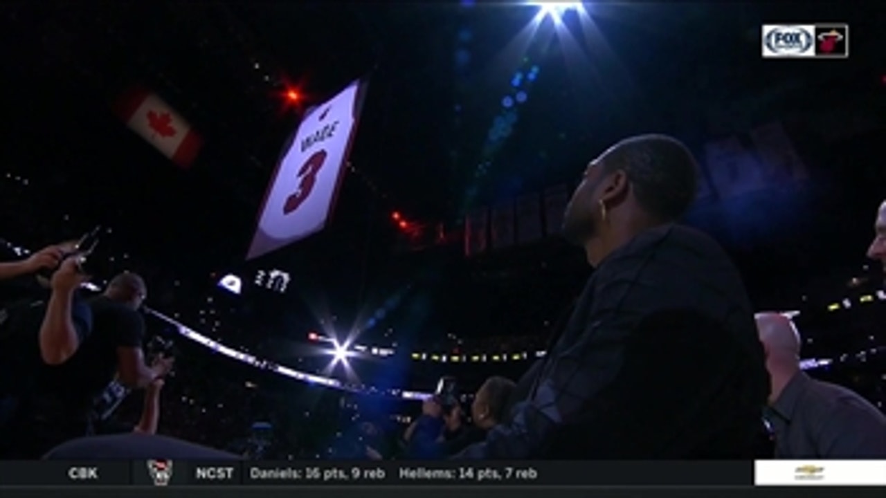 Dwyane Wade watches No. 3 get raised to the rafters of AmericanAirlines Arena