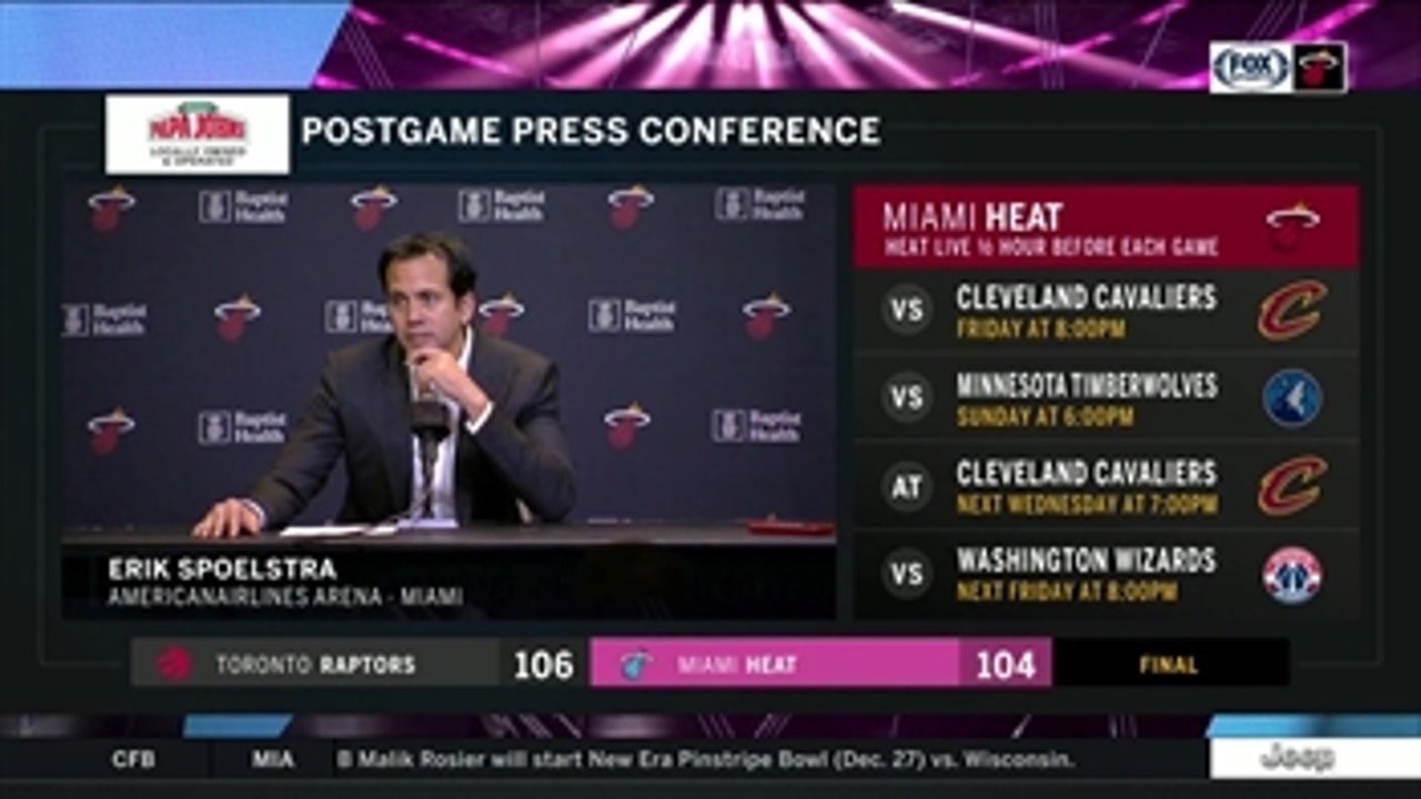 Erik Spoelstra recaps Heat's 106-104 loss to Raptors, Justise Winslow's play at point guard