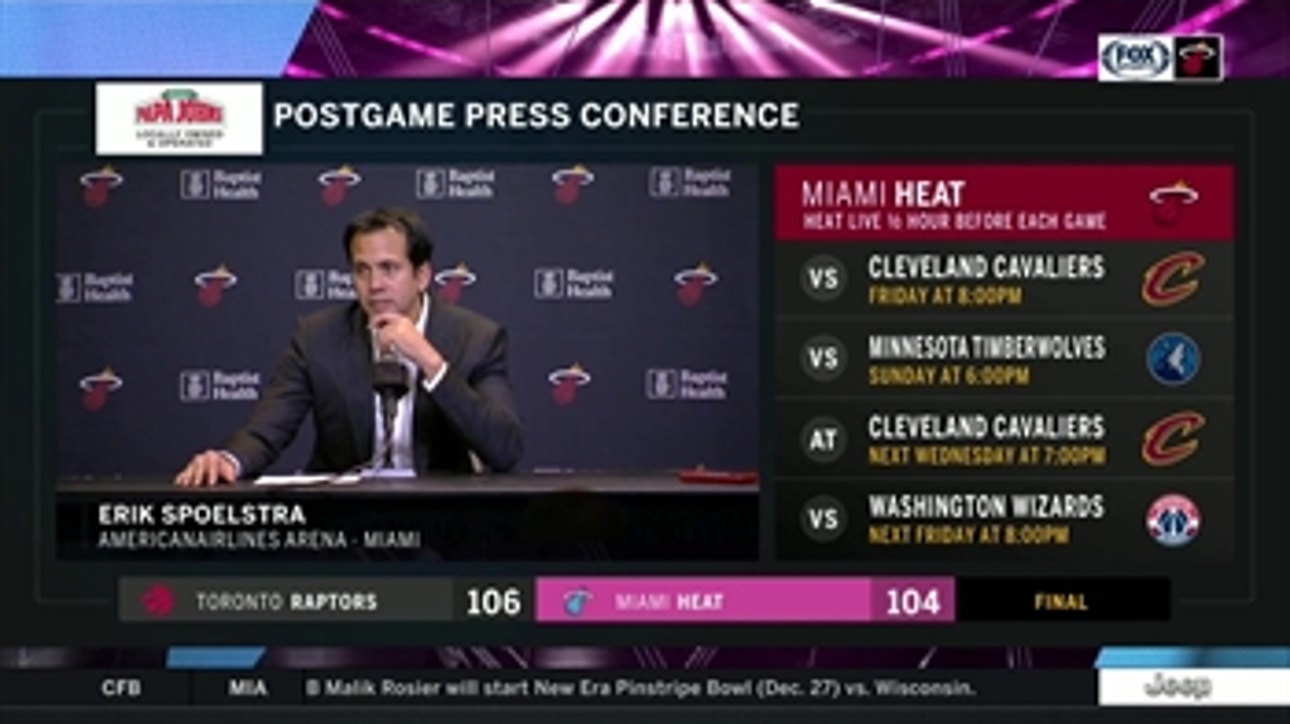 Erik Spoelstra recaps Heat's 106-104 loss to Raptors, Justise Winslow's play at point guard