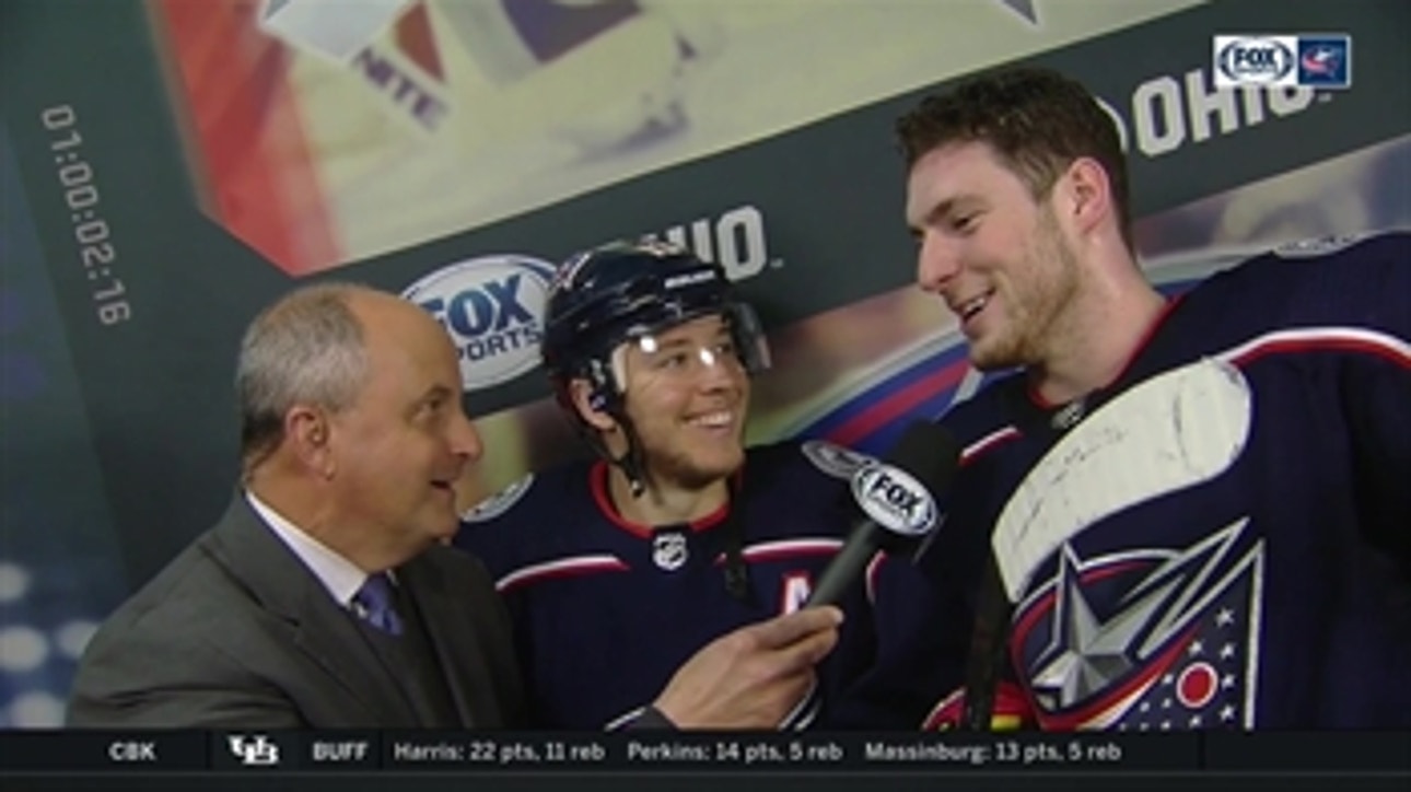 Pierre-Luc Dubois pops in on Cam Atkinson's postgame interview