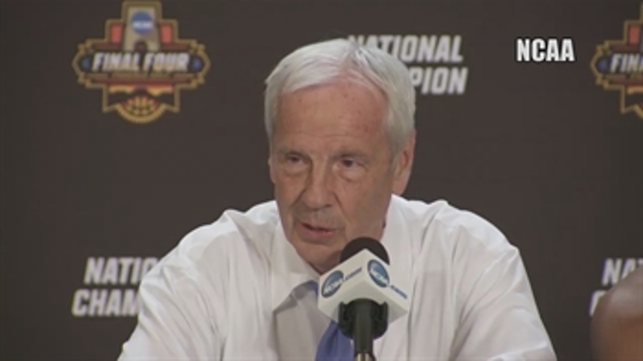 Roy Williams gives his opening statement after beating Gonzaga in the national title game