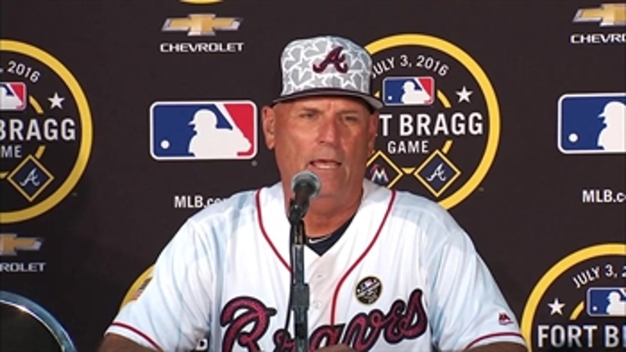 Braves manager Brian Snitker speaks after the game at Fort Bragg