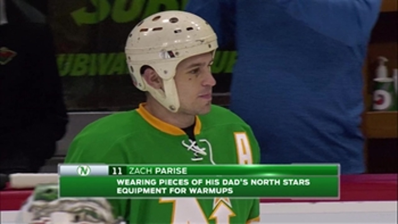 Zach Parise wears dad's North Stars helmet and gloves, as Wild