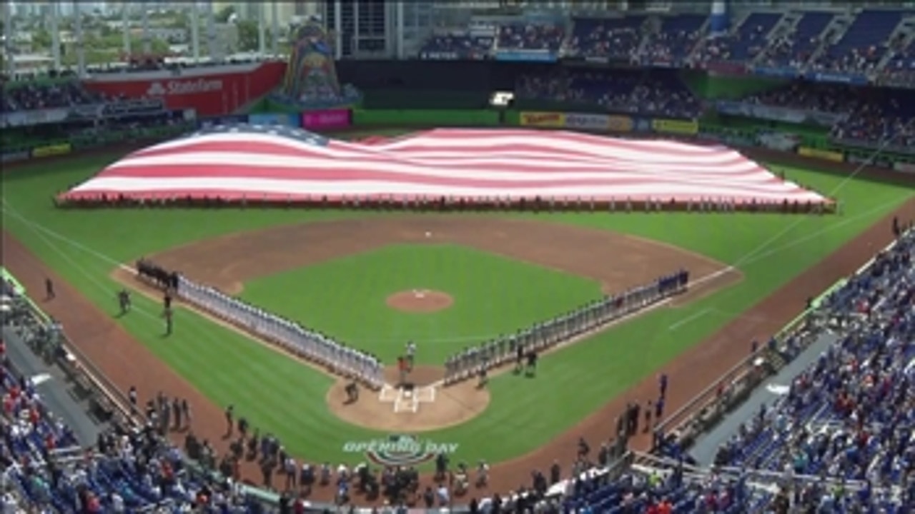Jason Derulo sings the National Anthem at the Miami Marlins 2018 opener