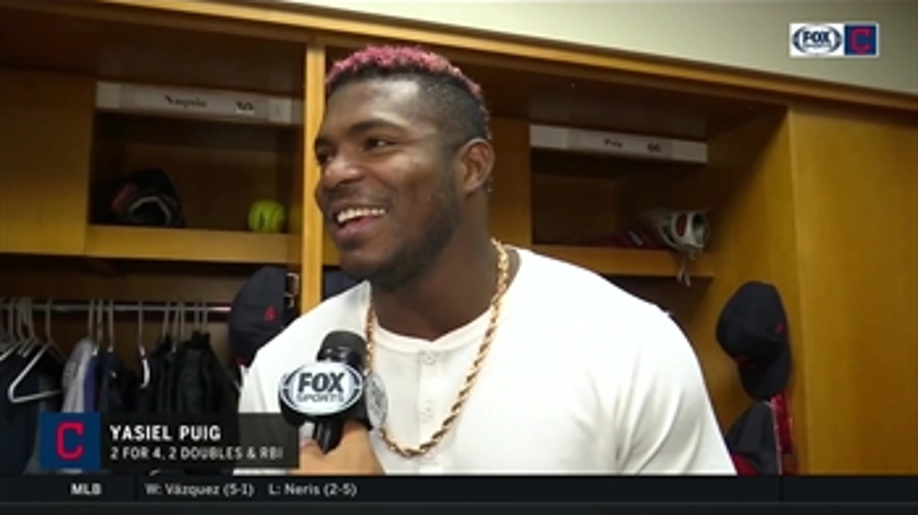 Yasiel Puig has some fun with Franmil Reyes when asked who hits the ball farther