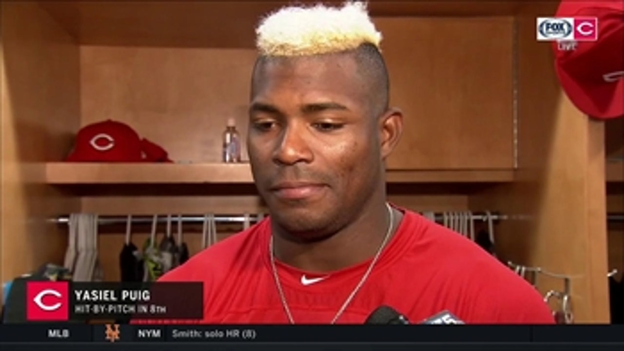 Yasiel Puig reacts to Strop hit-by-pitch, focused on winning series