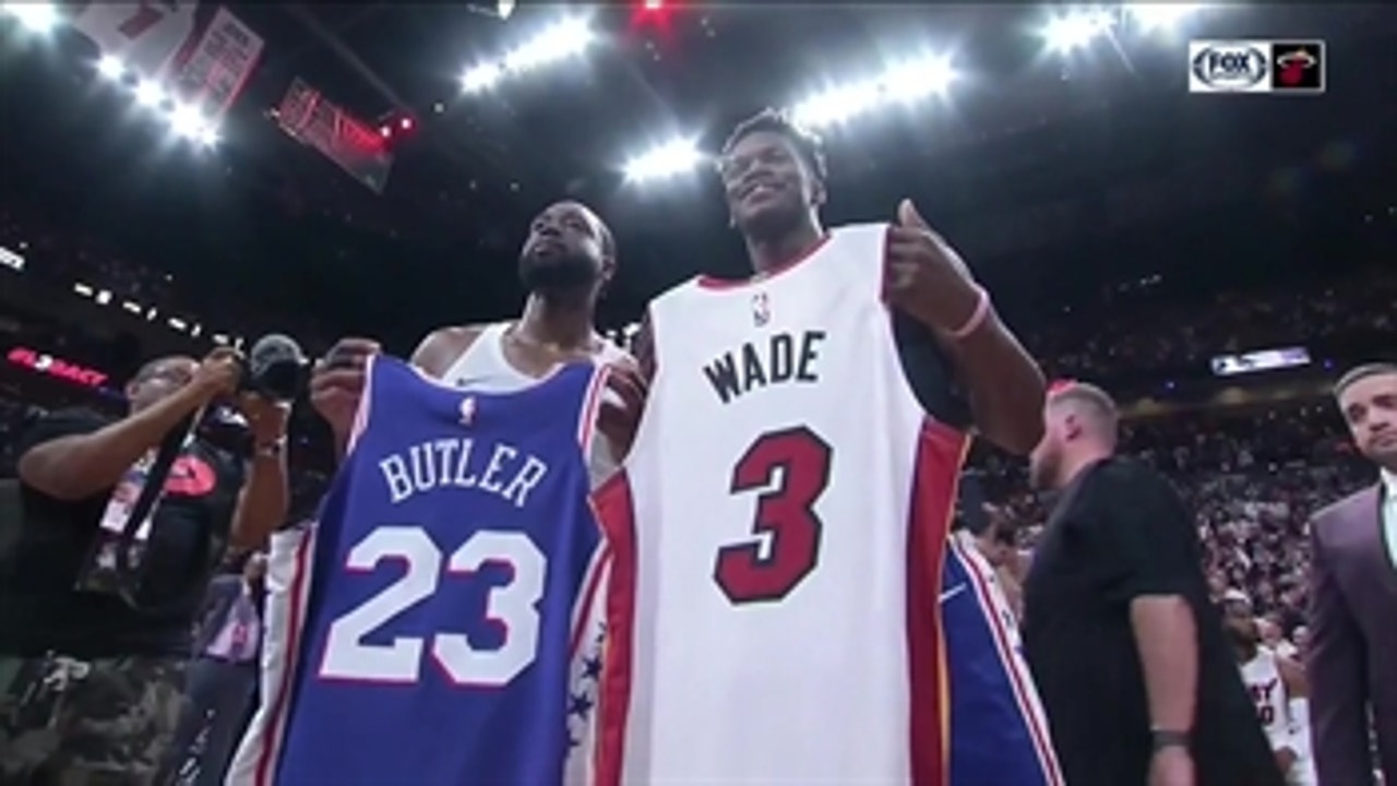 Dwyane Wade, Jimmy Butler exchange jerseys after his final home game