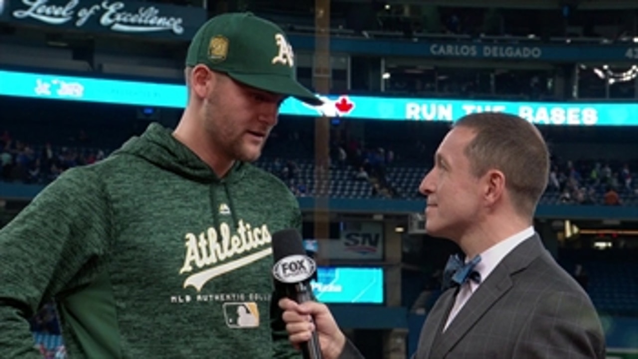 Chad Pinder talks with Ken Rosenthal after hitting go-ahead grand slam