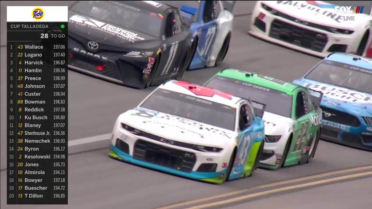 Bubba Wallace passes Denny Hamlin for the lead with 26 laps to go | NASCAR on FOX