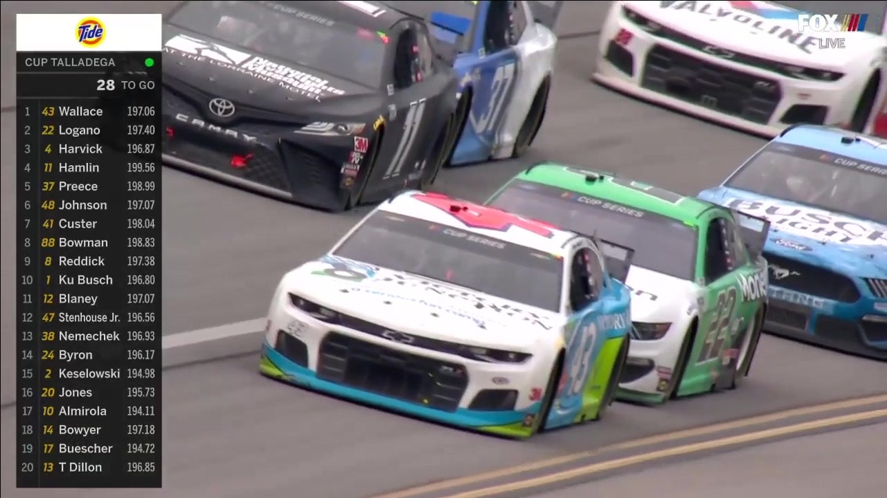 Bubba Wallace passes Denny Hamlin for the lead with 26 laps to go | NASCAR on FOX