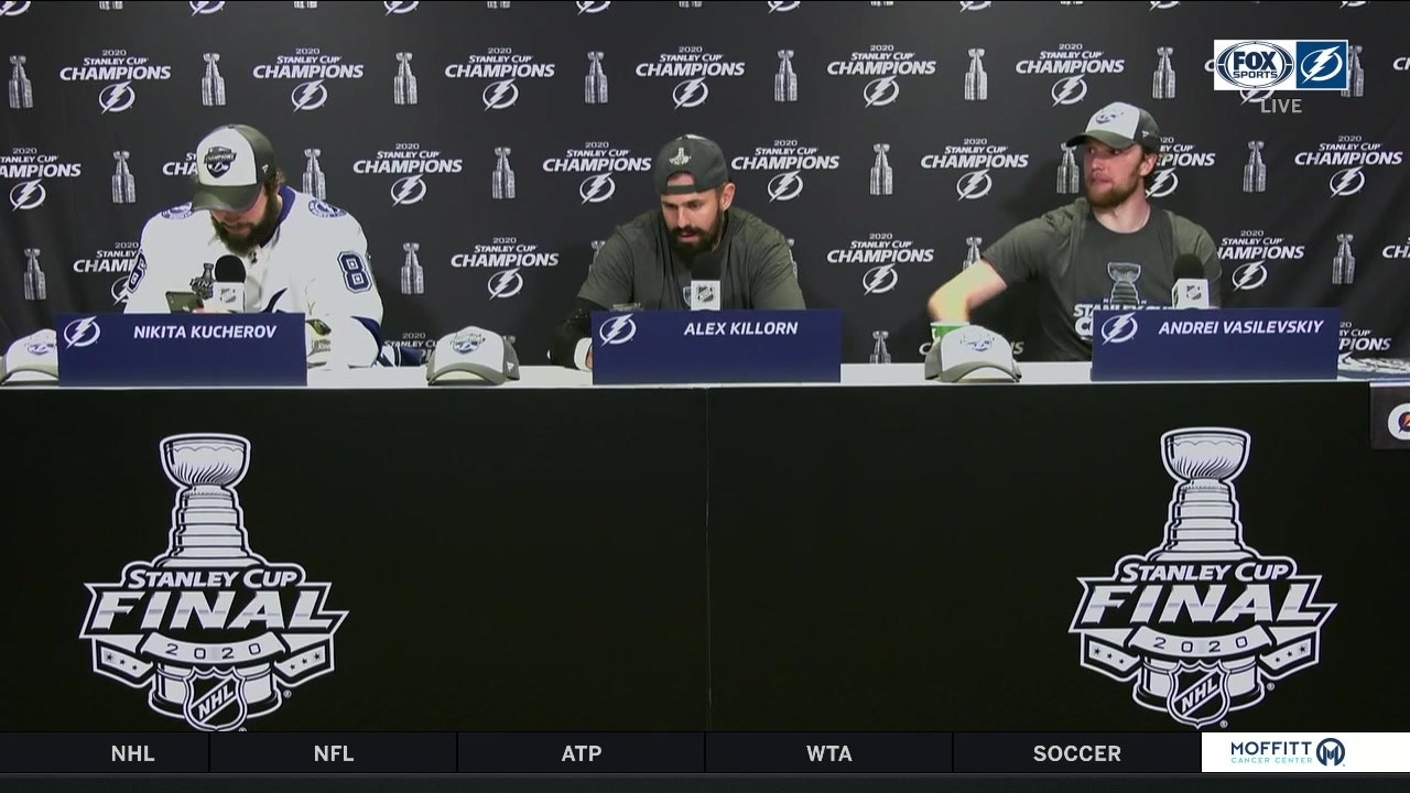 Nikita Kucherov, Alex Killorn, Andrei Vasilevskiy after winning the Stanley Cup